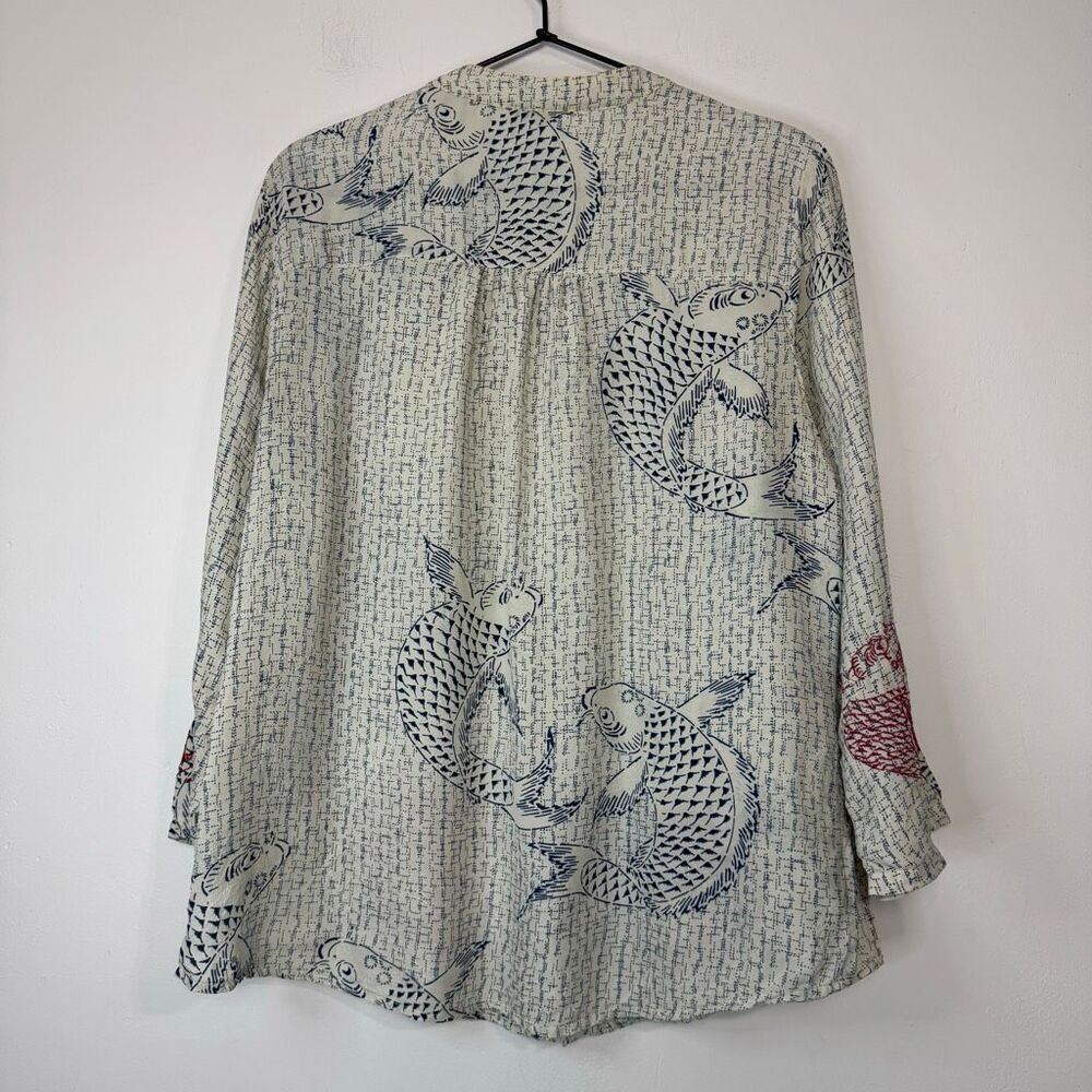 Citron Silk Koi Button Down Top M - Picture 3 of 6
